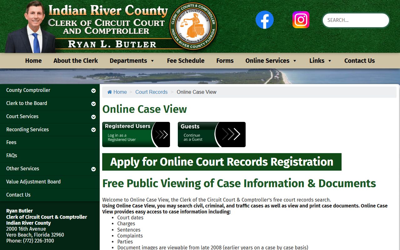Indian River County clerk Online Case View information page explaining court record access