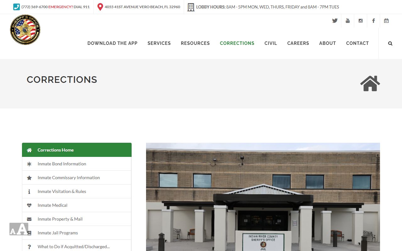 Indian River County Jail corrections home page with visitation, mail, and program sections