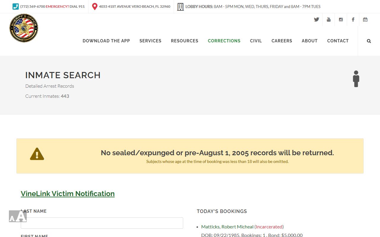 Indian River County jail inmate search page showing the current inmate population count