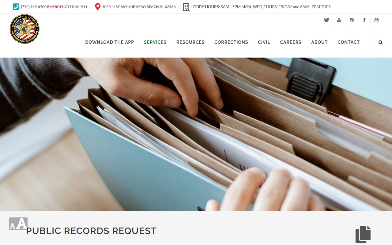 Indian River County Sheriff public records request page with booking photo fee and methods