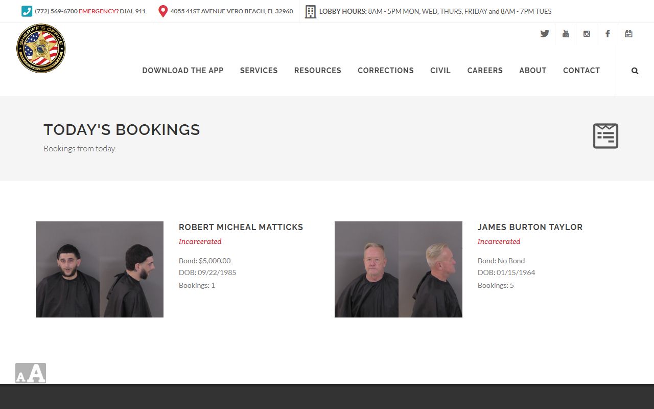 Indian River County jail Today's Bookings page listing recent inmate bookings and mugshots